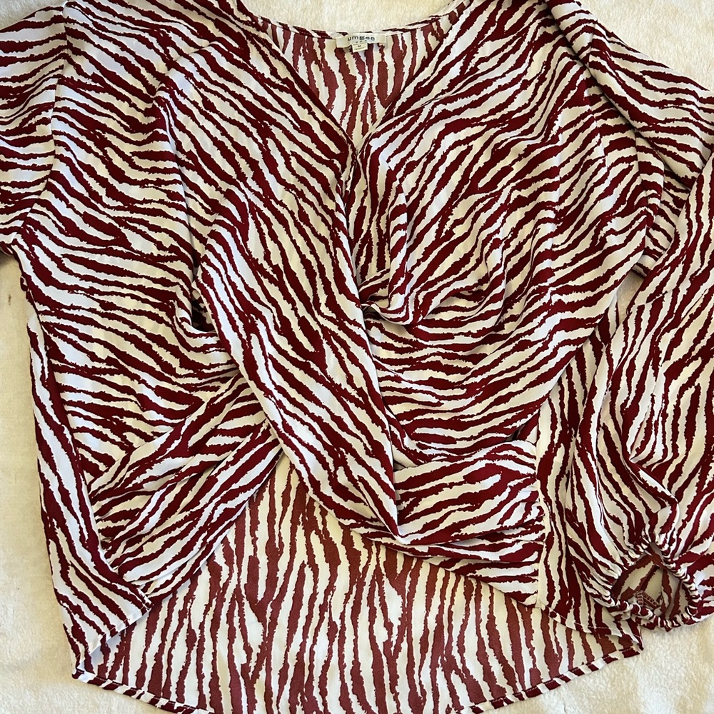 Zebra Print V-Neck Blouse - Red and White